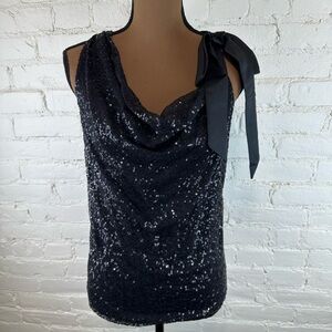 Ann Taylor Black Sequin Sleeveless Top Satin Bow Shoulder Detail Women’s Small